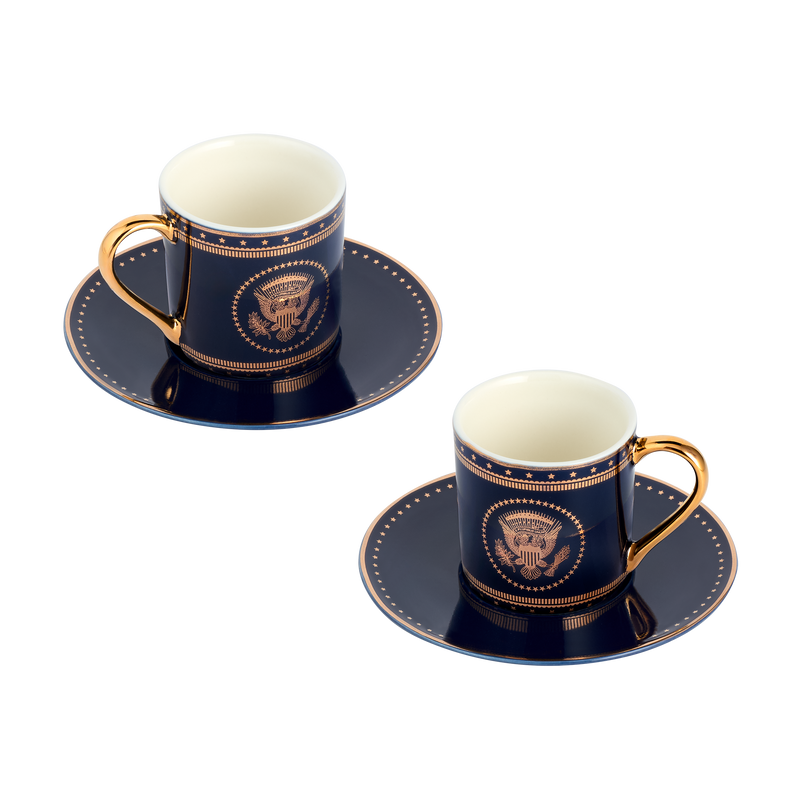 Navy and Gold Truman Seal Espresso Cups with Saucers, Set of Two