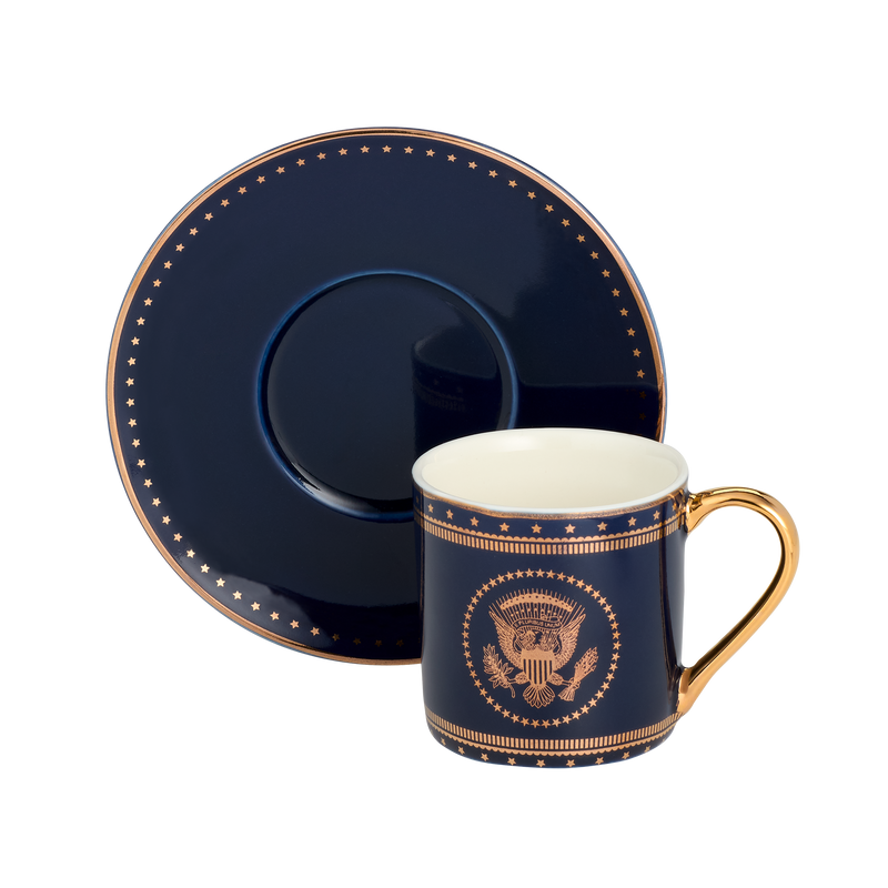 Navy and Gold Truman Seal Espresso Cups with Saucers, Set of Two