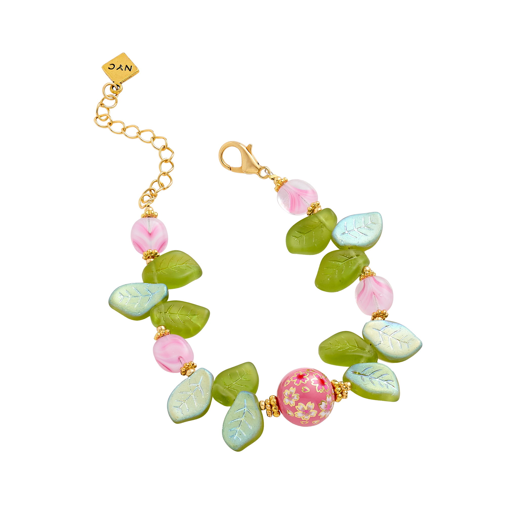 Cherry Blossom Bracelet with Glass Leaves and Hand Painted Tensha