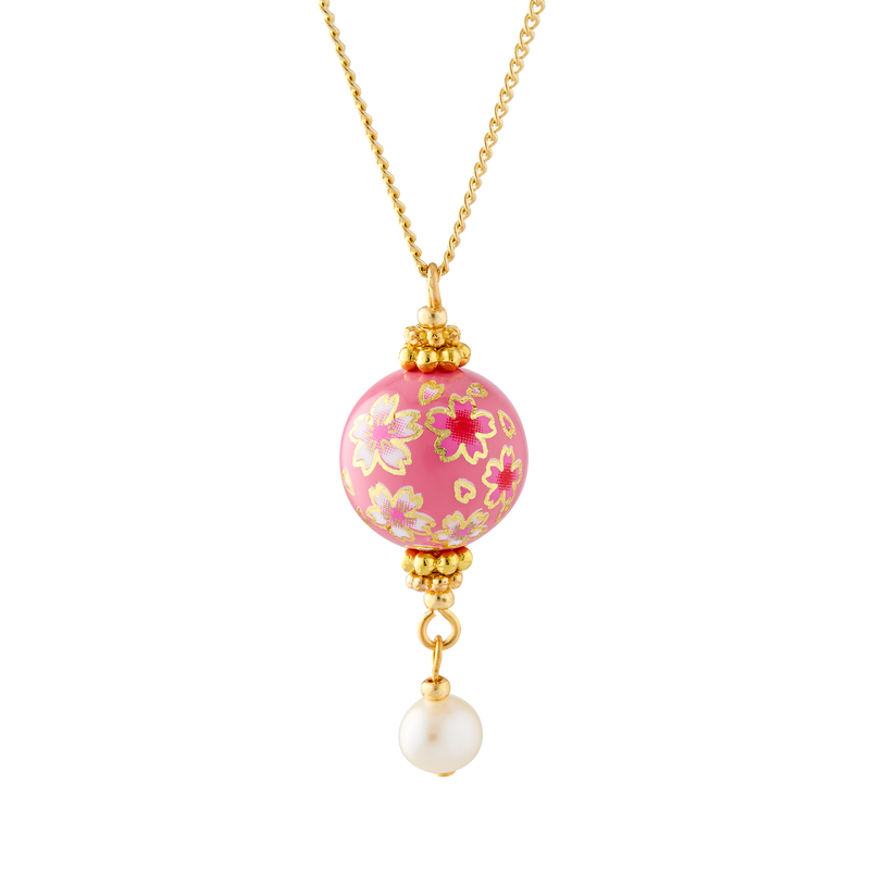 Cherry Blossom Hand Painted Tensha Bead Pendant Necklace with Pearl