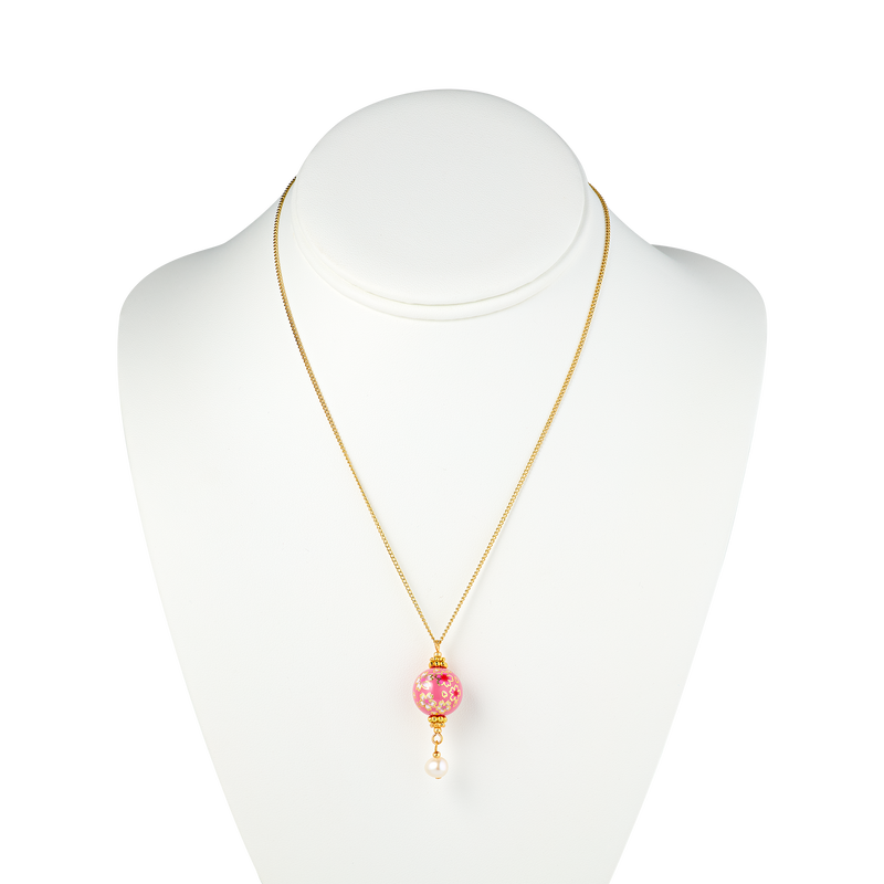 Cherry Blossom Hand Painted Tensha Bead Pendant Necklace with Pearl