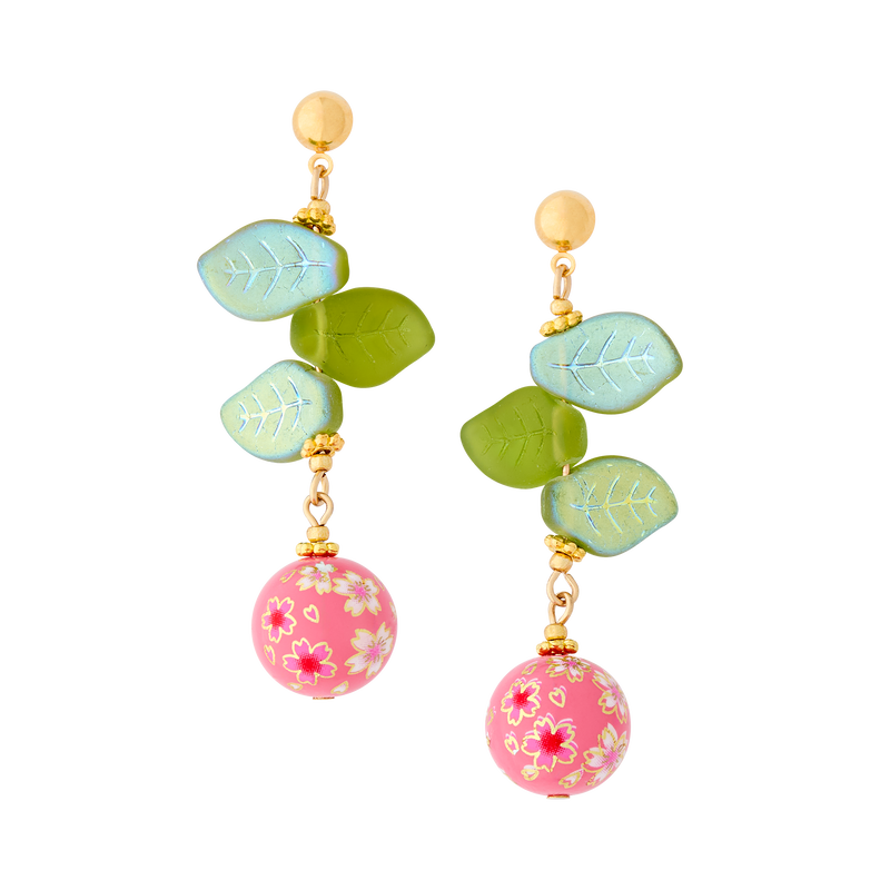 Cherry Blossom Drop Earrings with Glass Leaves and Hand Painted Tensha Bead