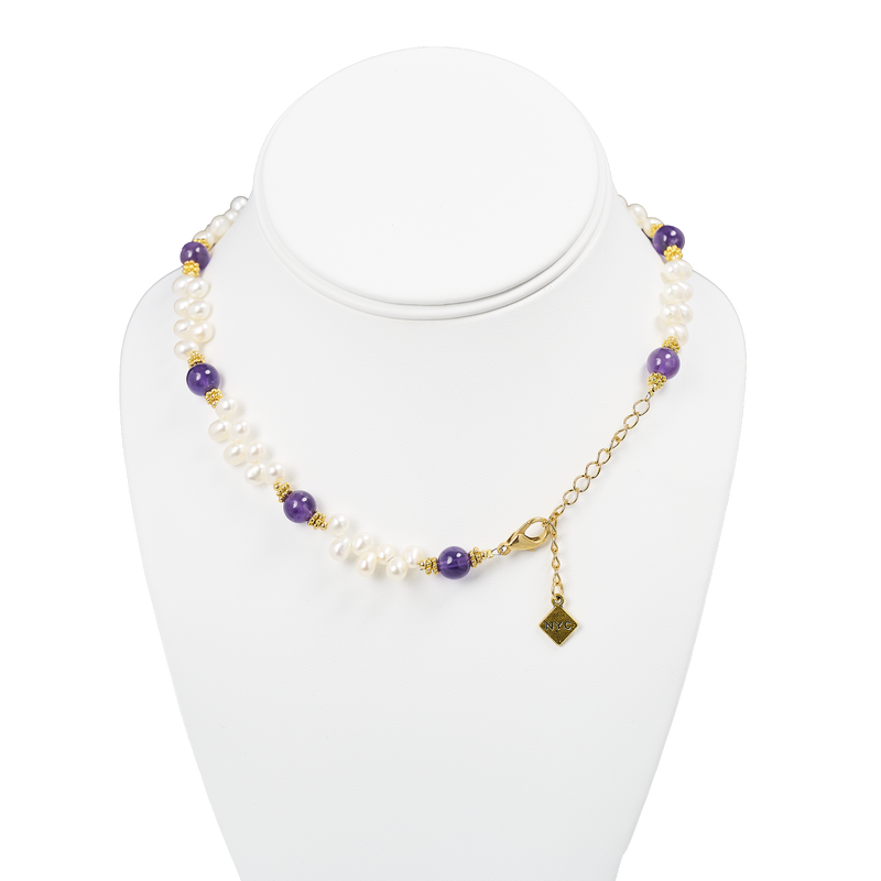 Lincoln Presidential China Inspired Amethyst and Pearl Necklace with Gold Accent