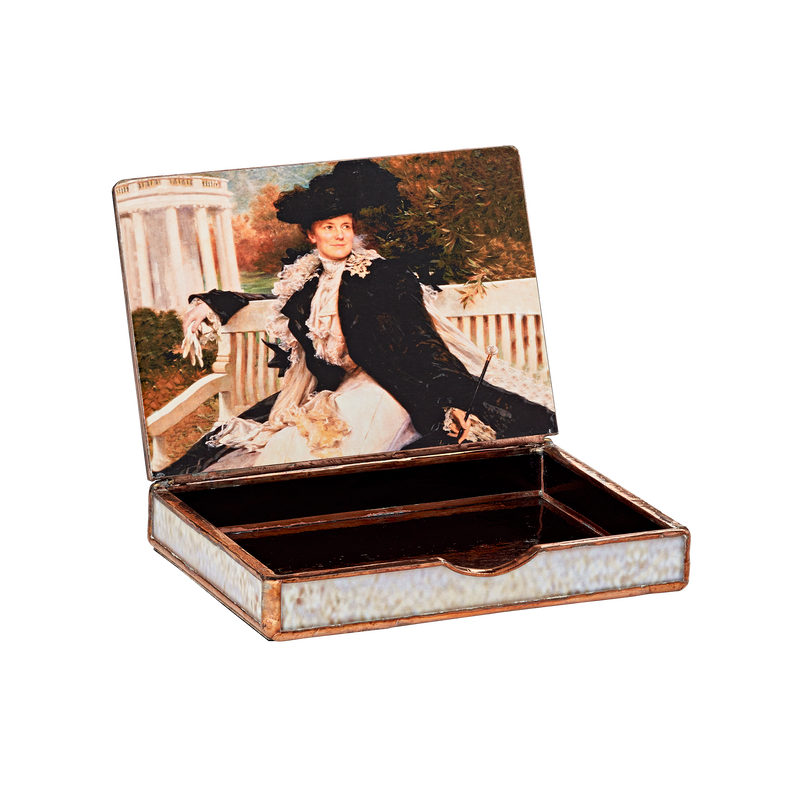 Glass decoupage box depicting a painting by artist John Ross Key-inside
