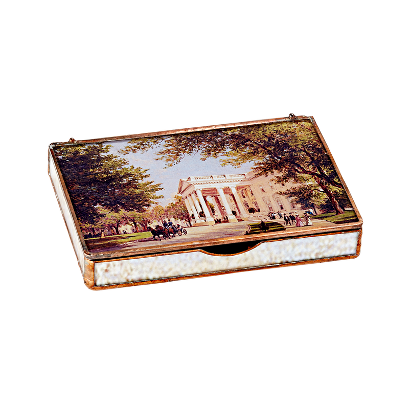 Glass decoupage box depicting a painting by artist John Ross Key-closed