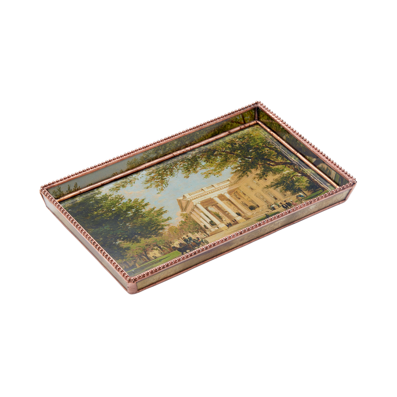 Glass decoupage tray depicting a painting by artist John Ross Key.