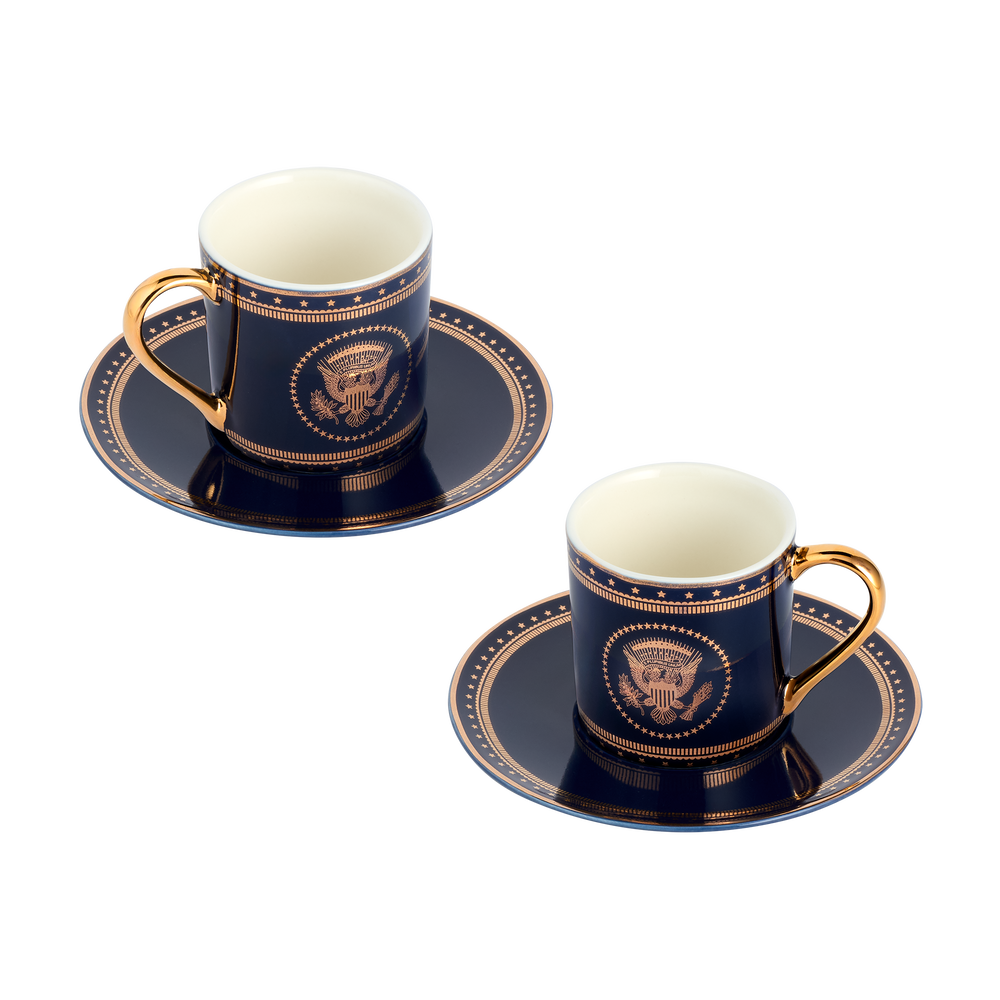 Navy and Gold Truman Seal Espresso Cups with Saucers, Set of Two