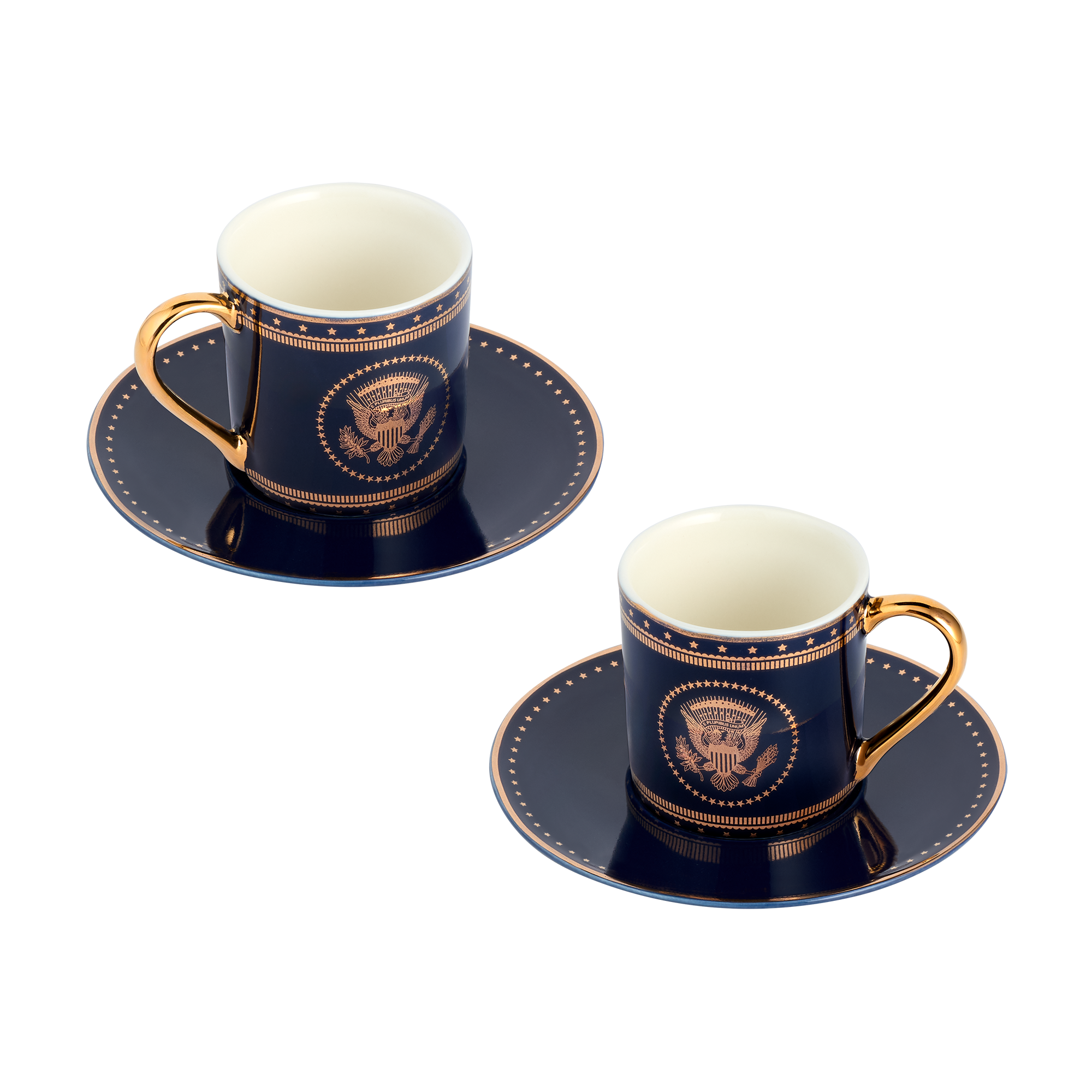 Navy and Gold Truman Seal Espresso Cups with Saucers, Set of Two