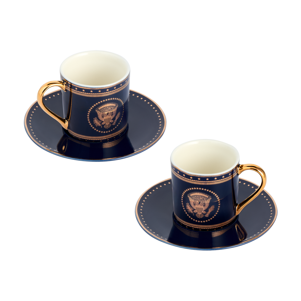 Navy and Gold Truman Seal Espresso Cups with Saucers, Set of Two