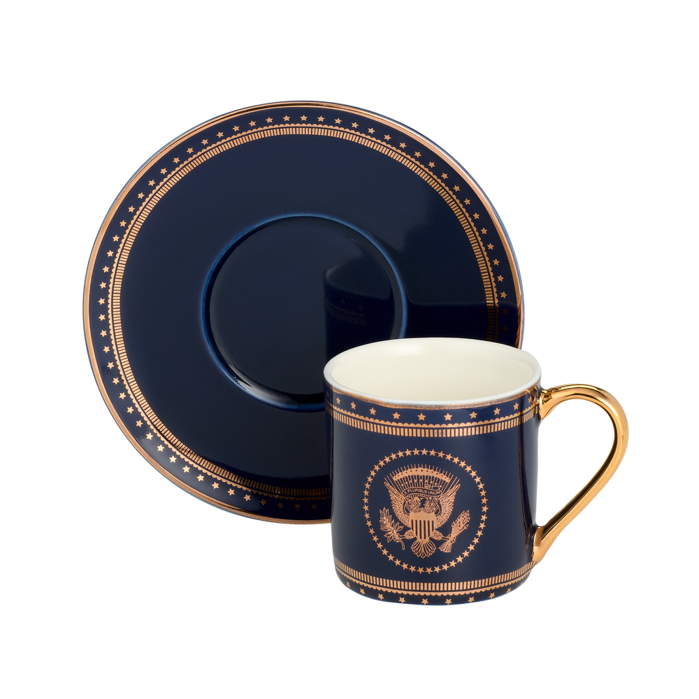 Navy and Gold Truman Seal Espresso Cups with Saucers, Set of Two