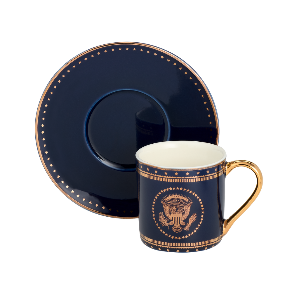 Navy and Gold Truman Seal Espresso Cups with Saucers, Set of Two