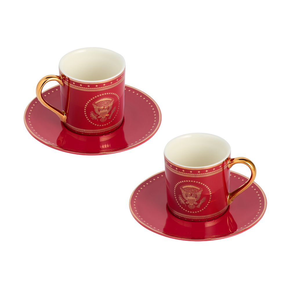 Red and Gold Truman Seal Espresso Cups with Saucers, Set of Two