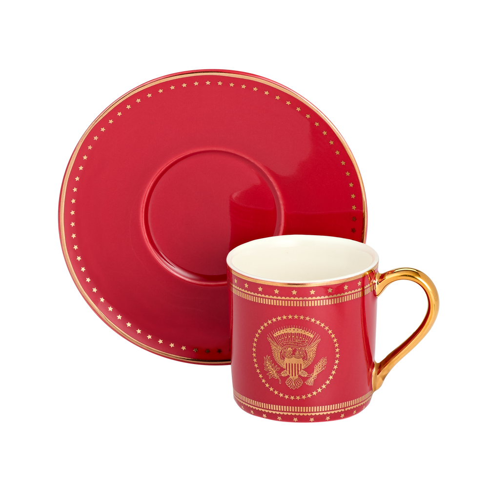 Red and Gold Truman Seal Espresso Cups with Saucers, Set of Two