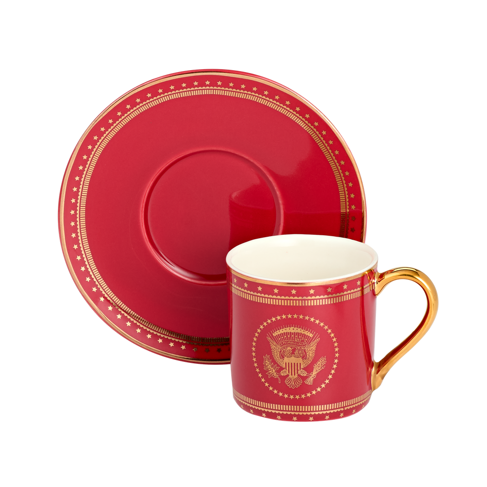 Red and Gold Truman Seal Espresso Cups with Saucers, Set of Two