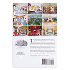 Back cover of a book featuring images of interior rooms and the White House, with text.