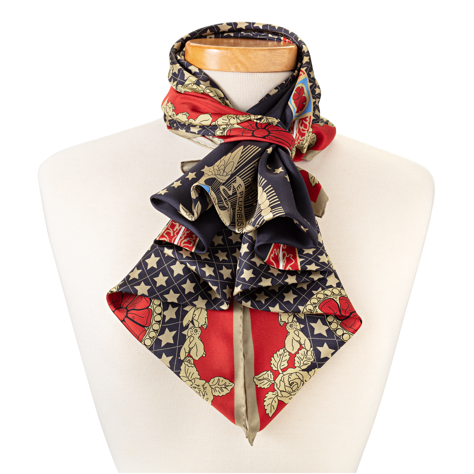 America Celebrates 250 Years Rose Accent Silk Scarf tied on form