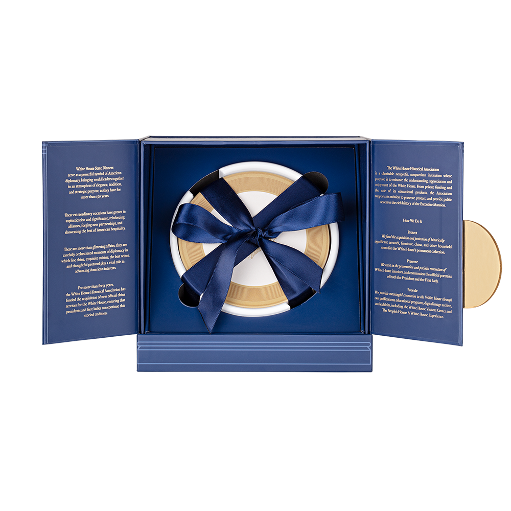 White House State China Coasters Contemporary Collection - 4 coasters  and holder inside the box and tied with a bow