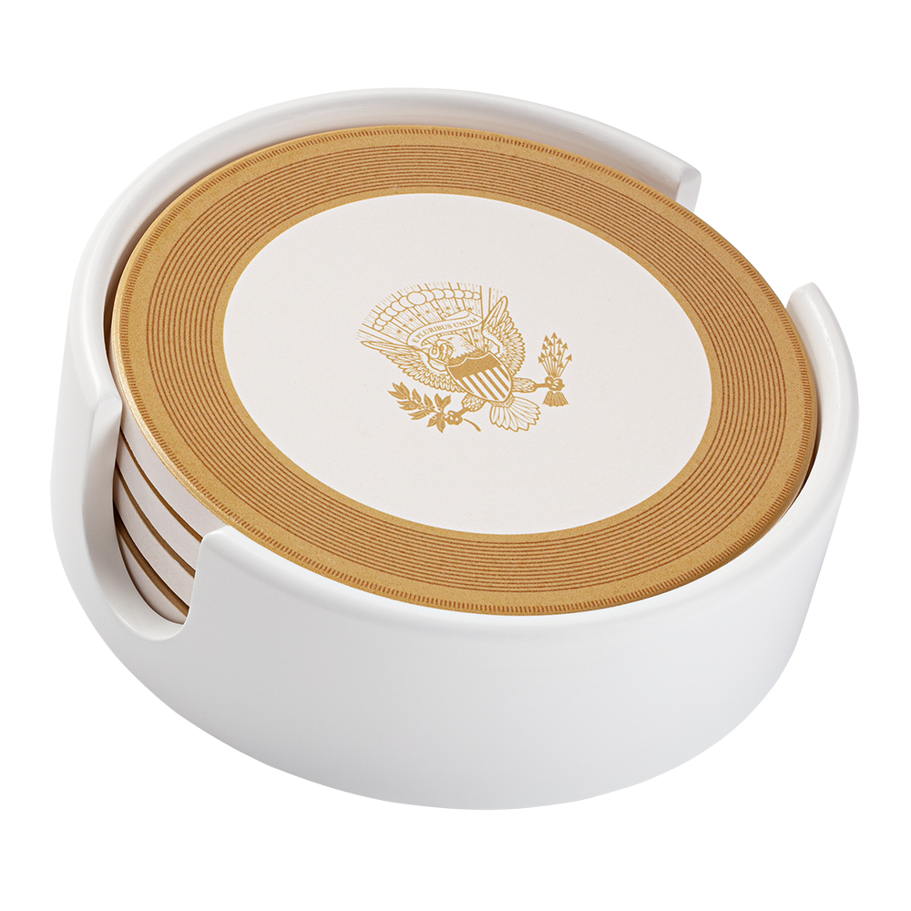 White House State China Coasters Contemporary Collection - 4 coasters stacked in a holder