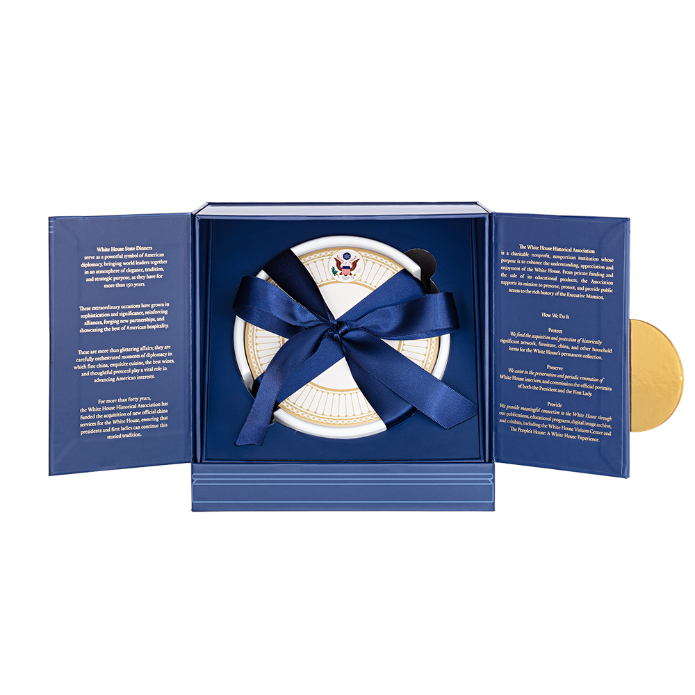 White House State China Coasters Presidential Seal Collection - Set of 4 coasters stacked in their holder and inside the box wrapped in a bow