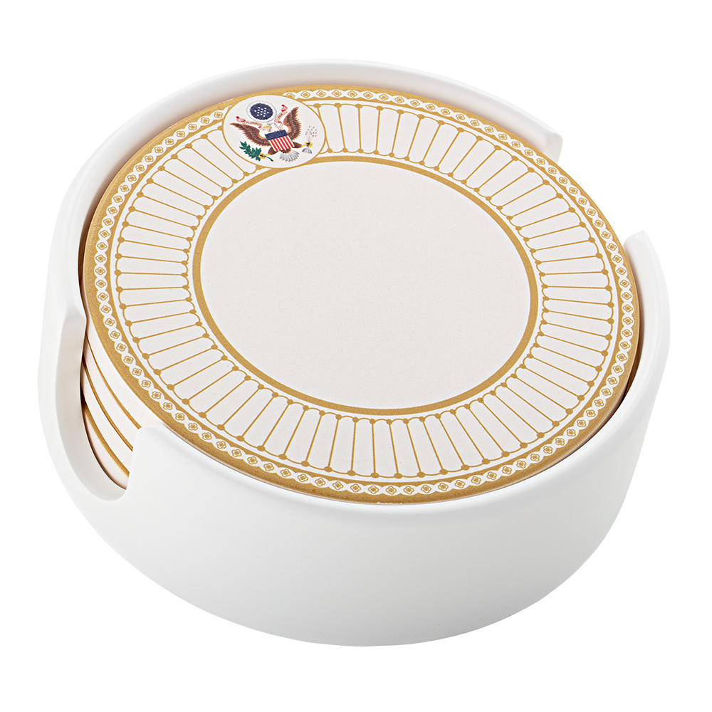 White House State China Coasters Presidential Seal Collection - Set of 4 coasters stacked in their holder