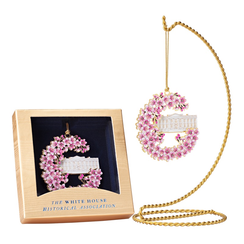 White House Cherry Blossoms Ornament hanging and in the closed box - front