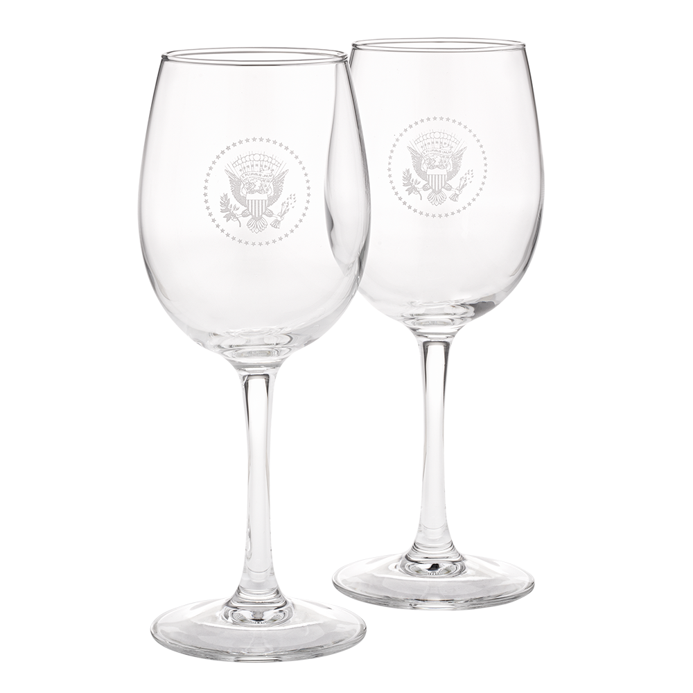 Two Etched Truman Seal Wine Glasses front