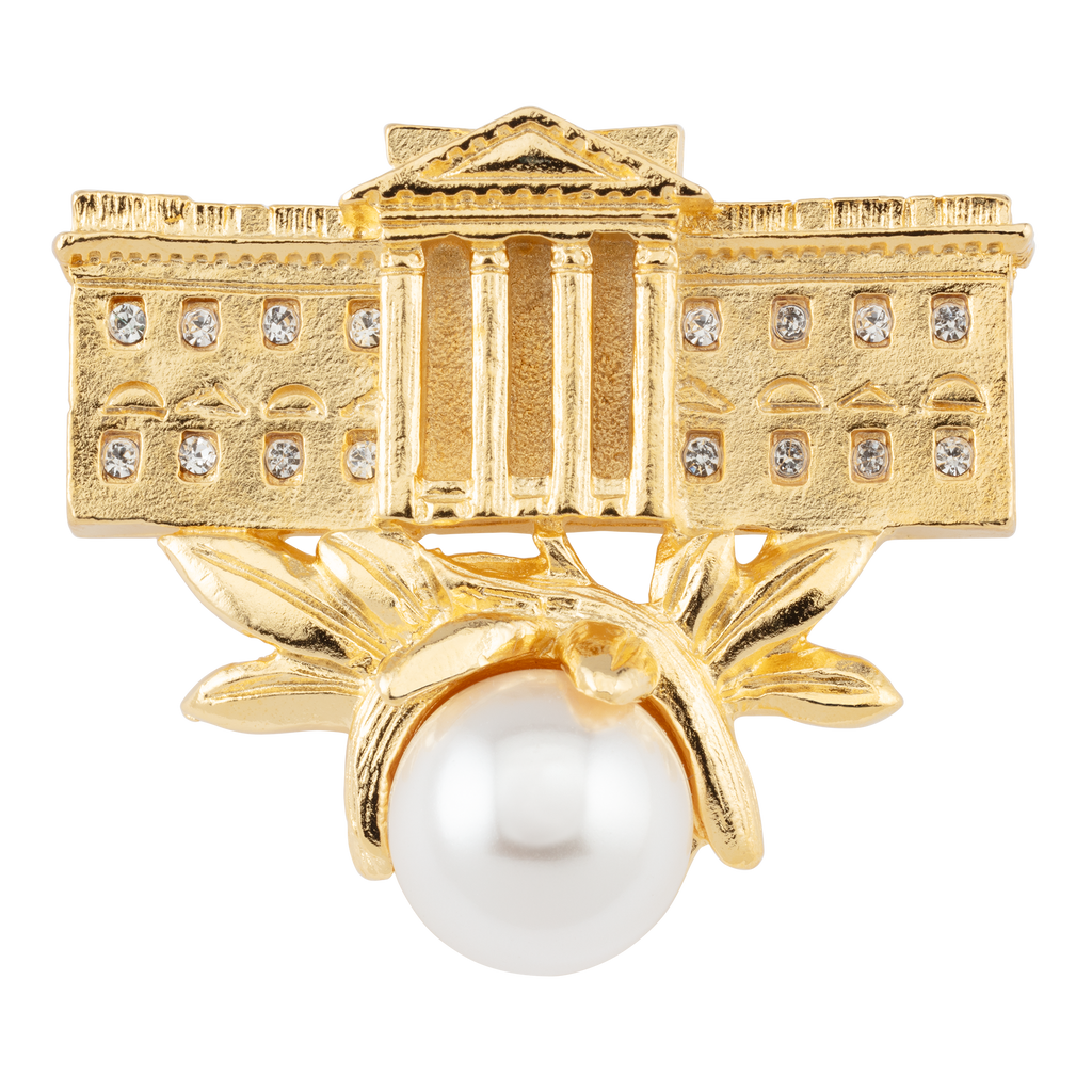 White House Brooch with Pearl and Crystal Accent front