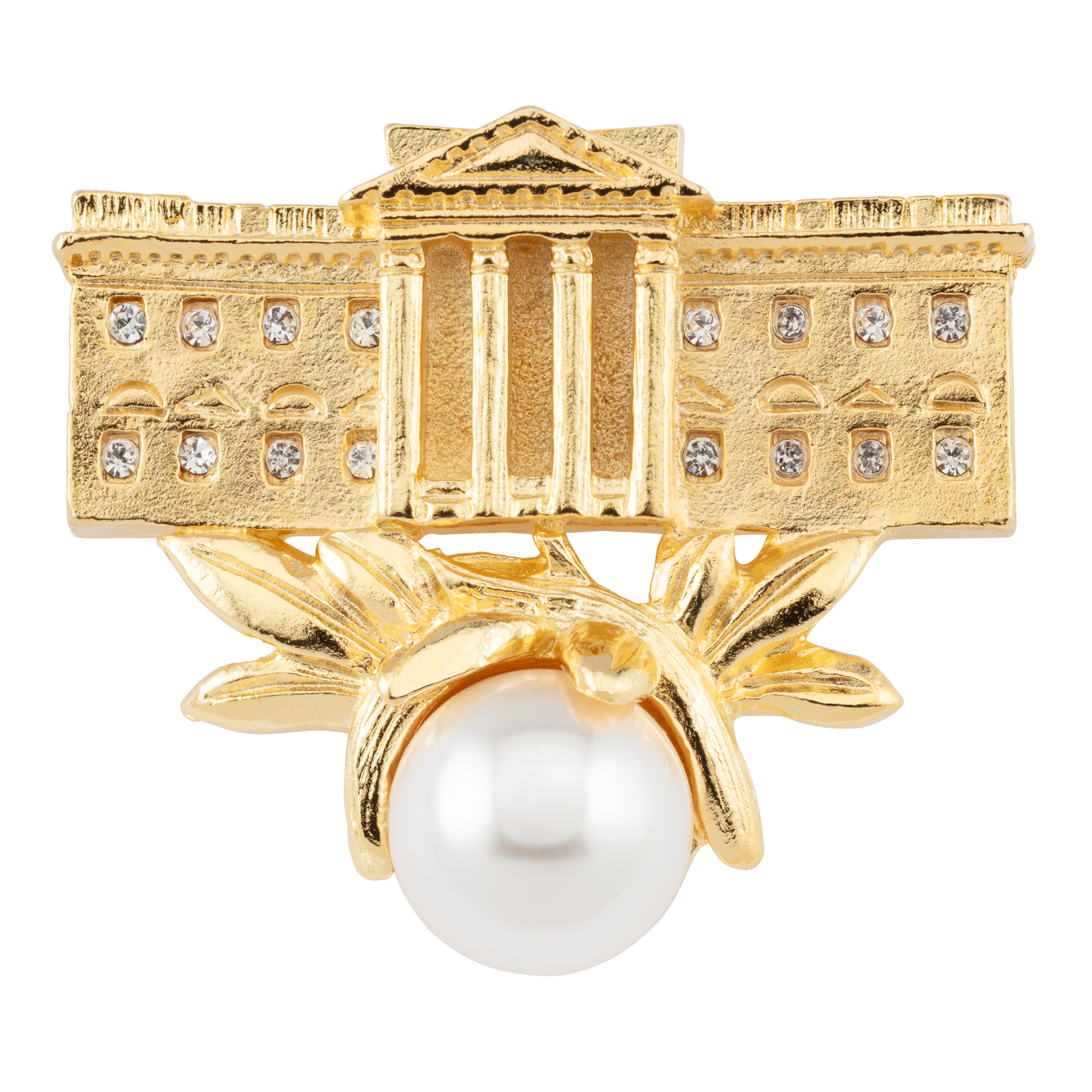 White House Brooch with Pearl and Crystal Accent front