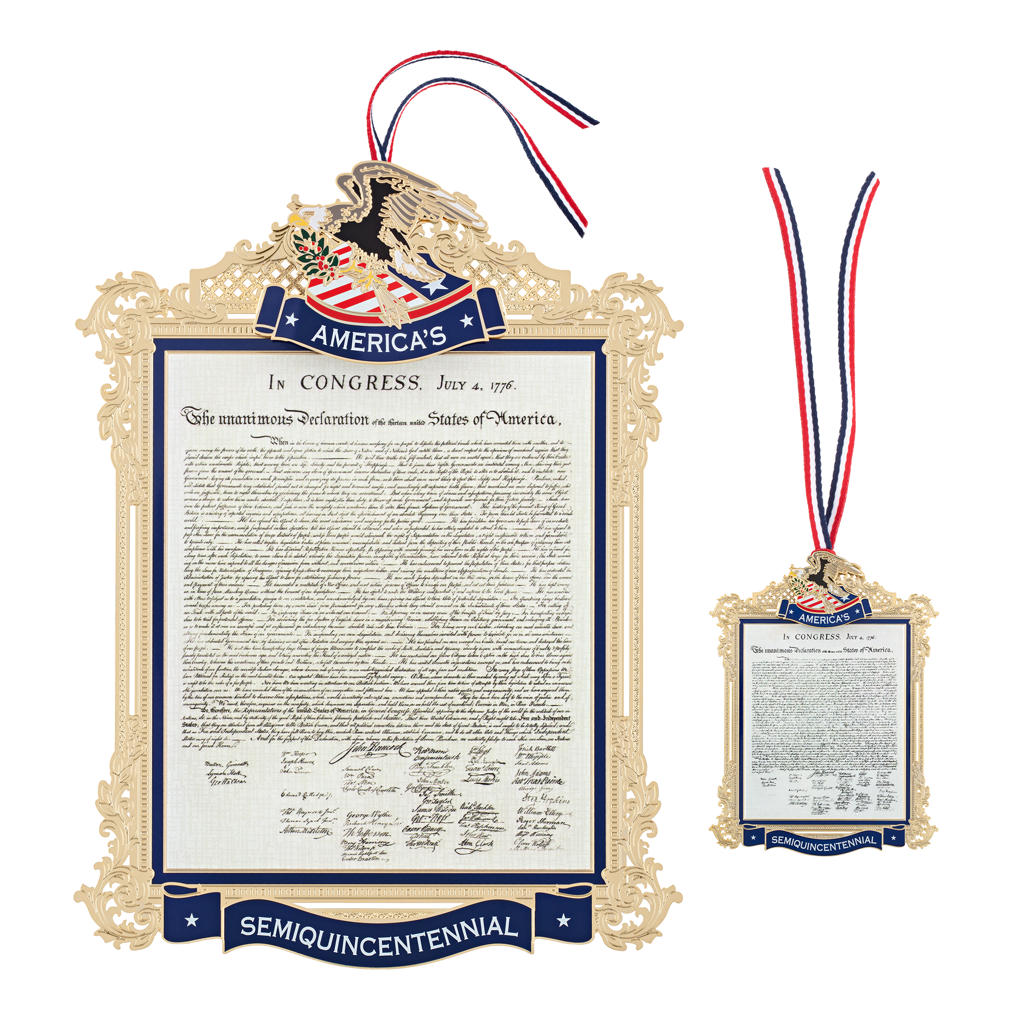 Official Commemorative Ornament of America’s 250th Anniversary 10" Display Wall Hanging front next to a regular size ornament for scale