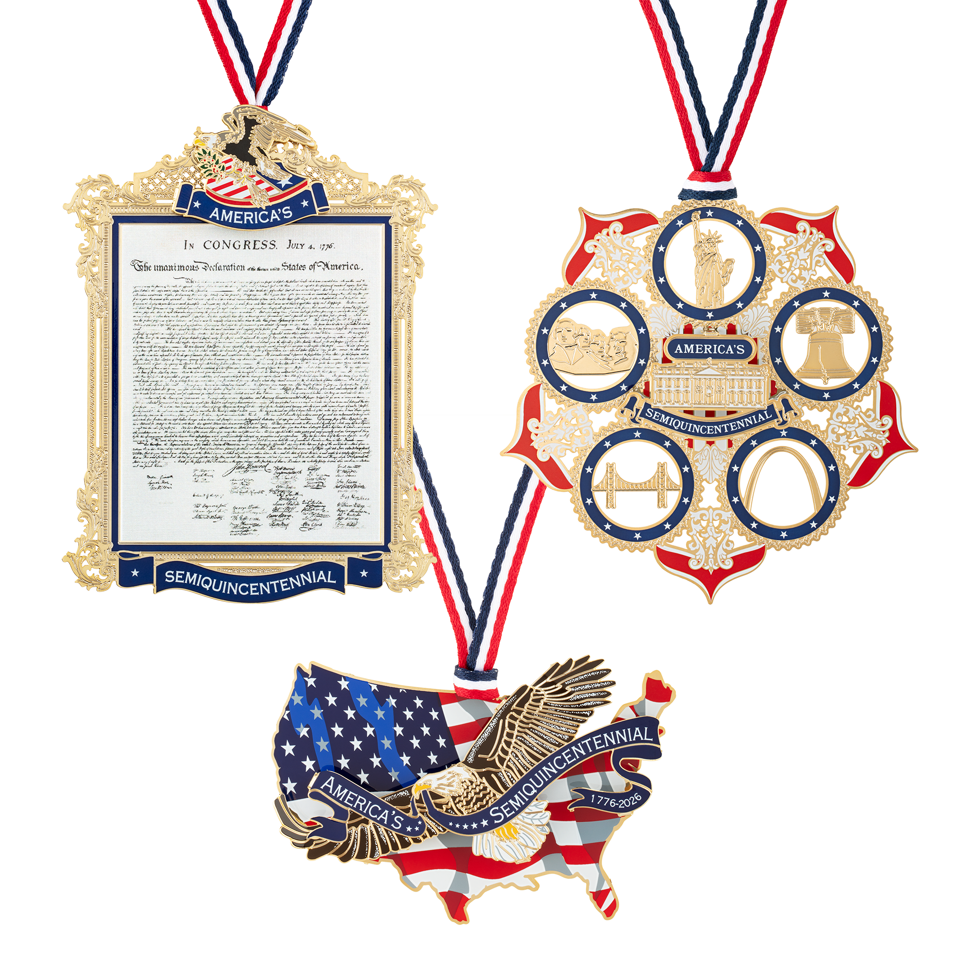 The Official 2026 Commemorative Ornament of the America250 Celebration, the America250 American Icons Ornament, and the America250 Eagle of Freedom Over America Ornament 