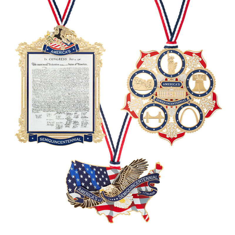 The Official 2026 Commemorative Ornament of the America250 Celebration, the America250 American Icons Ornament, and the America250 Eagle of Freedom Over America Ornament 