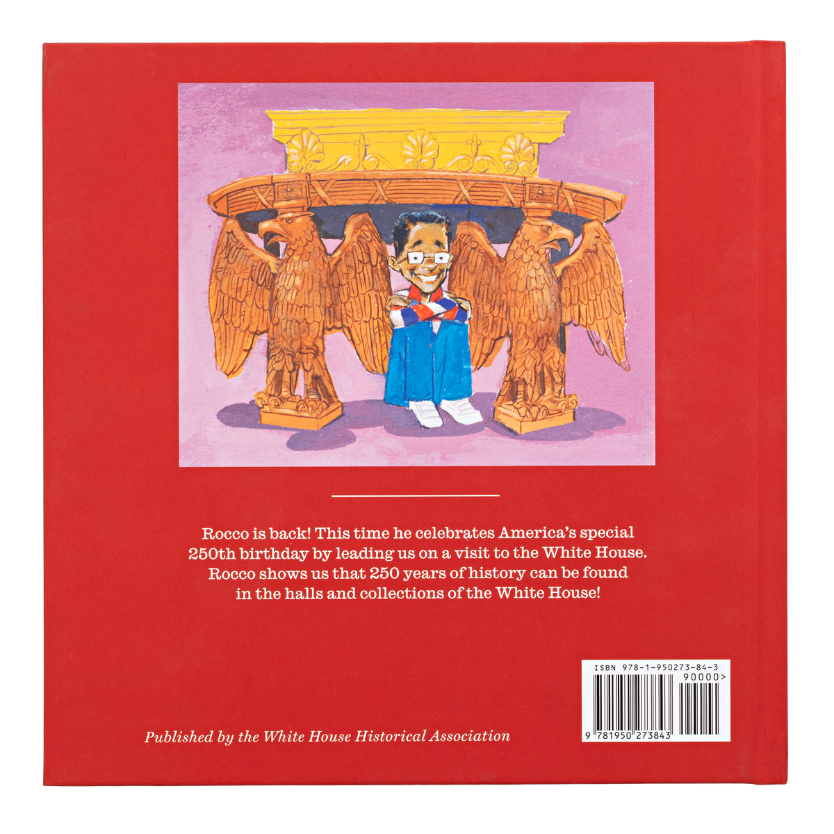 Book cover with illustration of a character in front of an eagle emblem on a red background