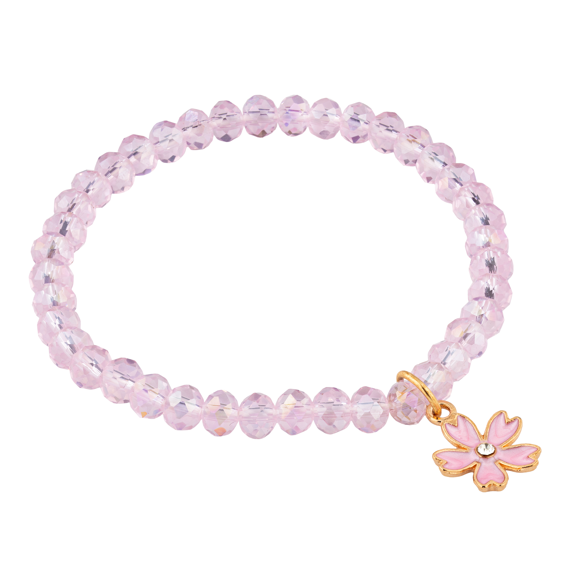 Cherry Blossom Beaded Stretch Bracelet with Enameled Charm