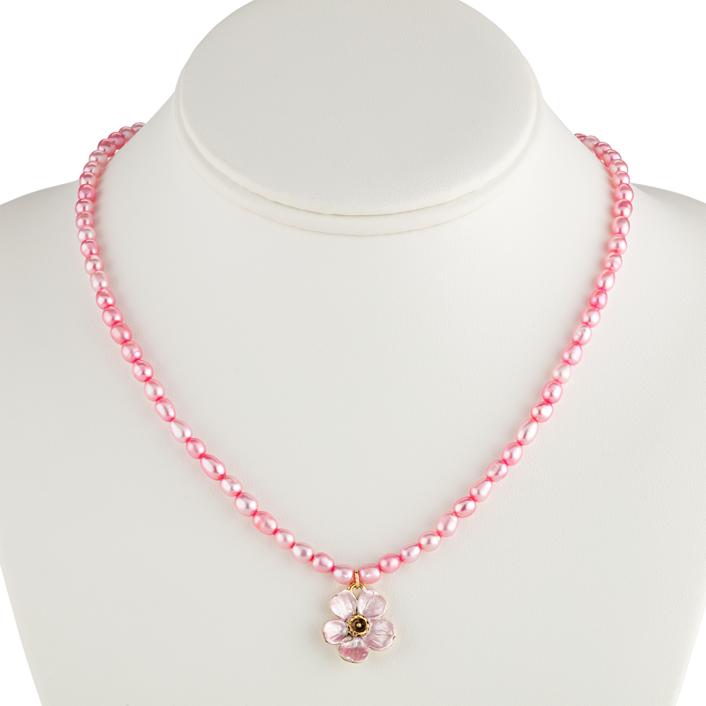 Cherry Blossom Pink Pearl Necklace with Enameled Charm