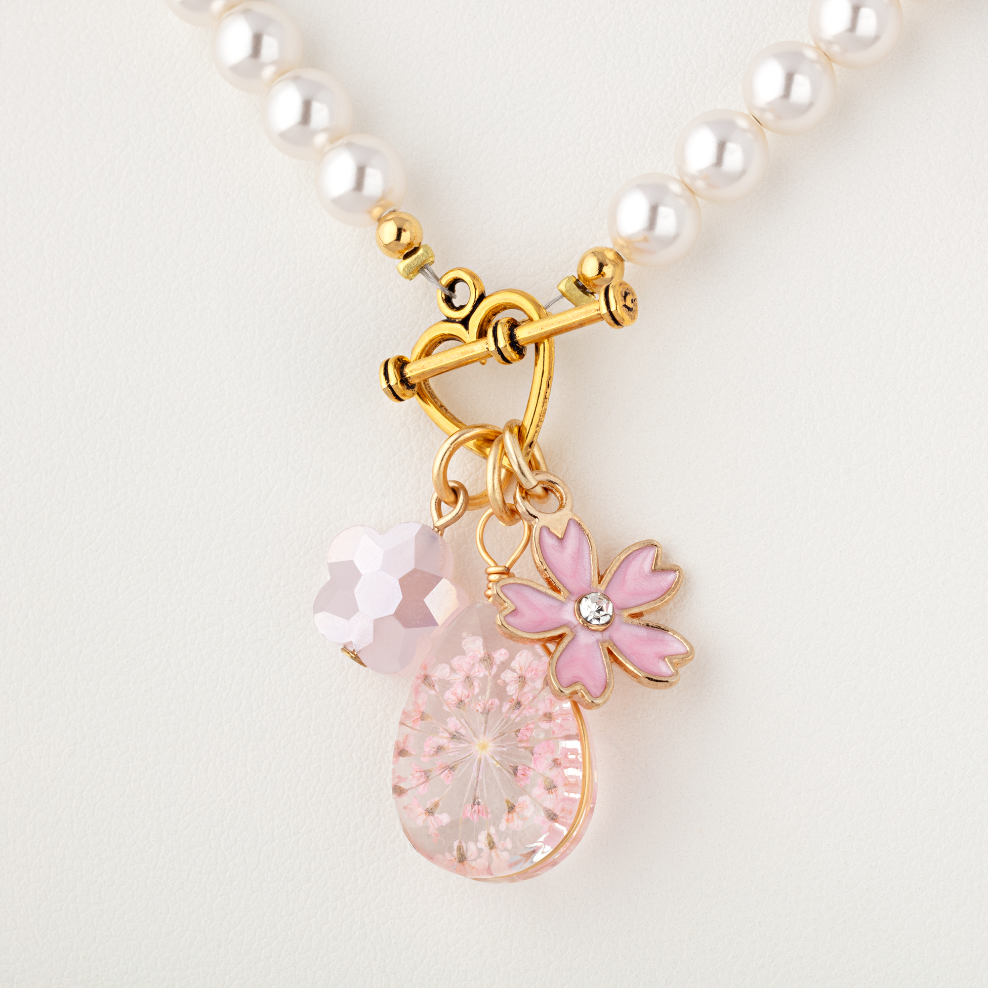 Cherry Blossom Toggle Necklace with Charms front