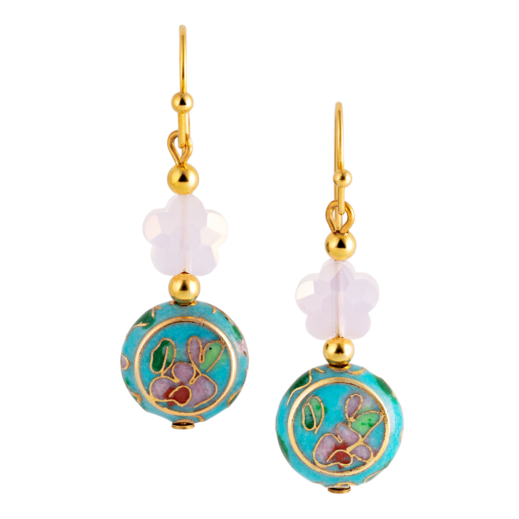 Cloisonné Cherry Blossom and Pearl Drop Earrings front