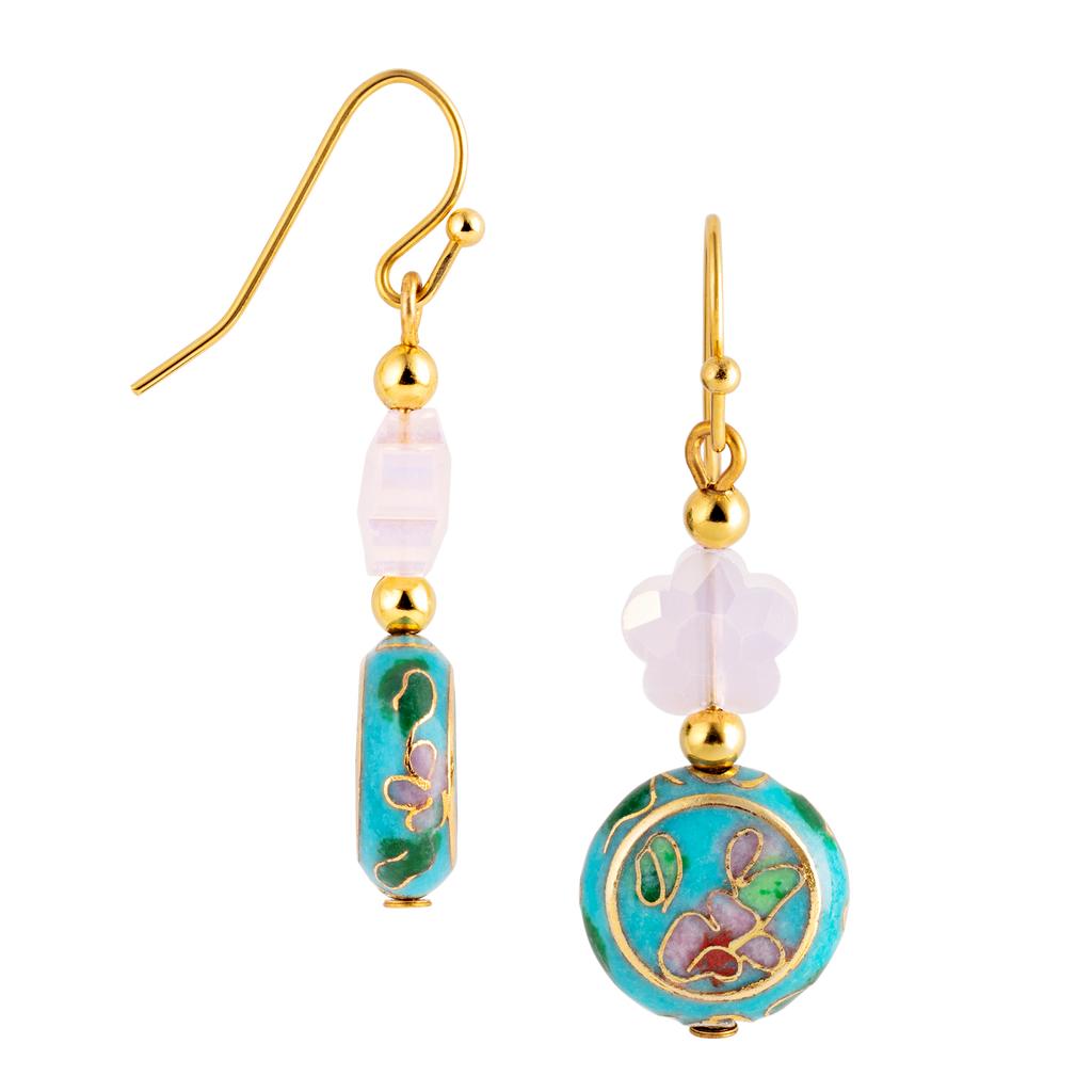 Cloisonné Cherry Blossom and Pearl Drop Earrings side view with hook