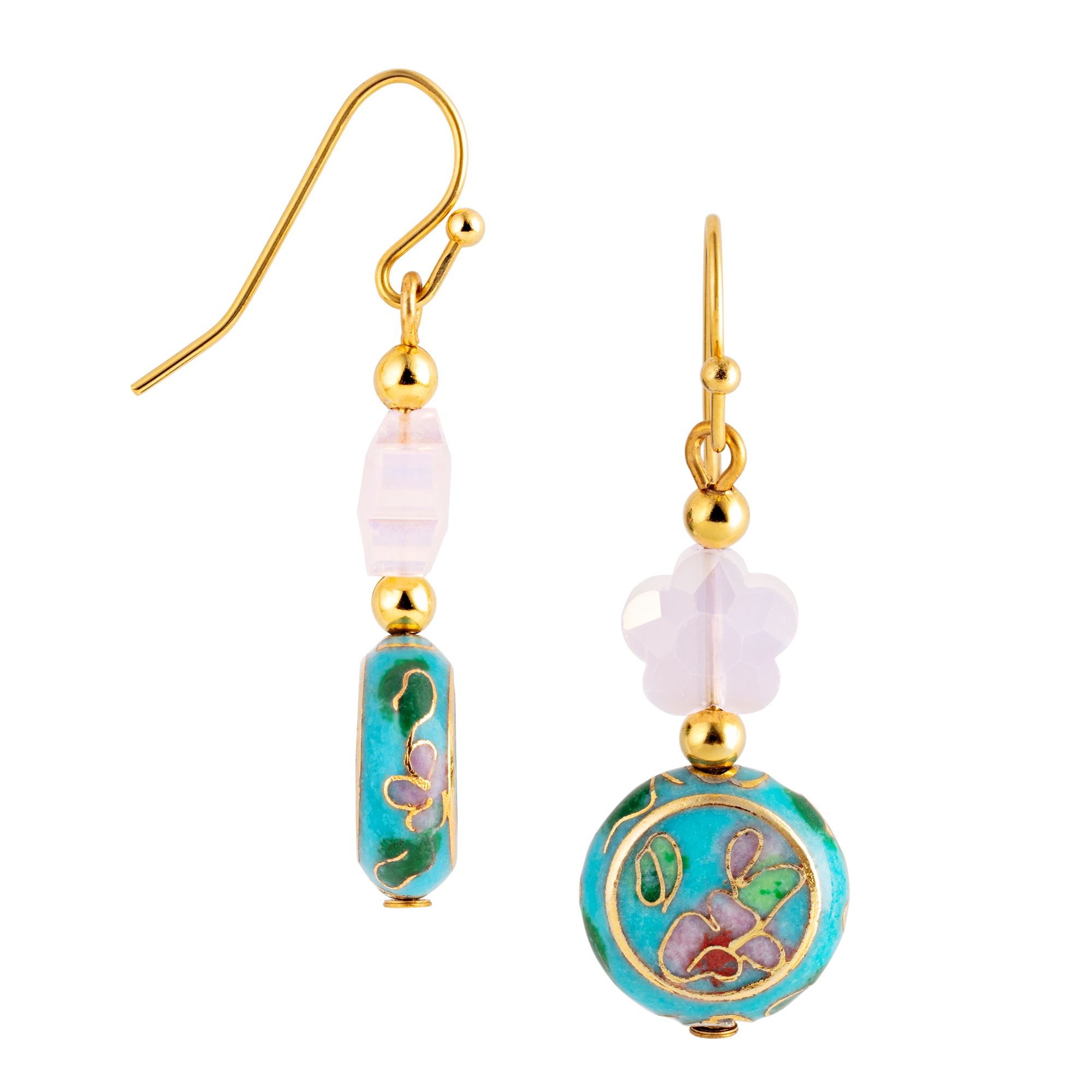 Cloisonné Cherry Blossom and Pearl Drop Earrings side view with hook