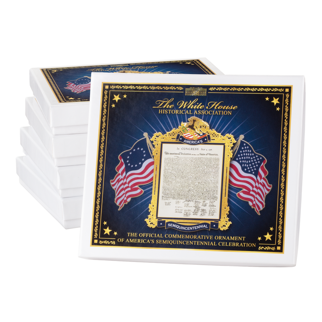 Set of White House Historical Association commemorative coasters with American flag design.