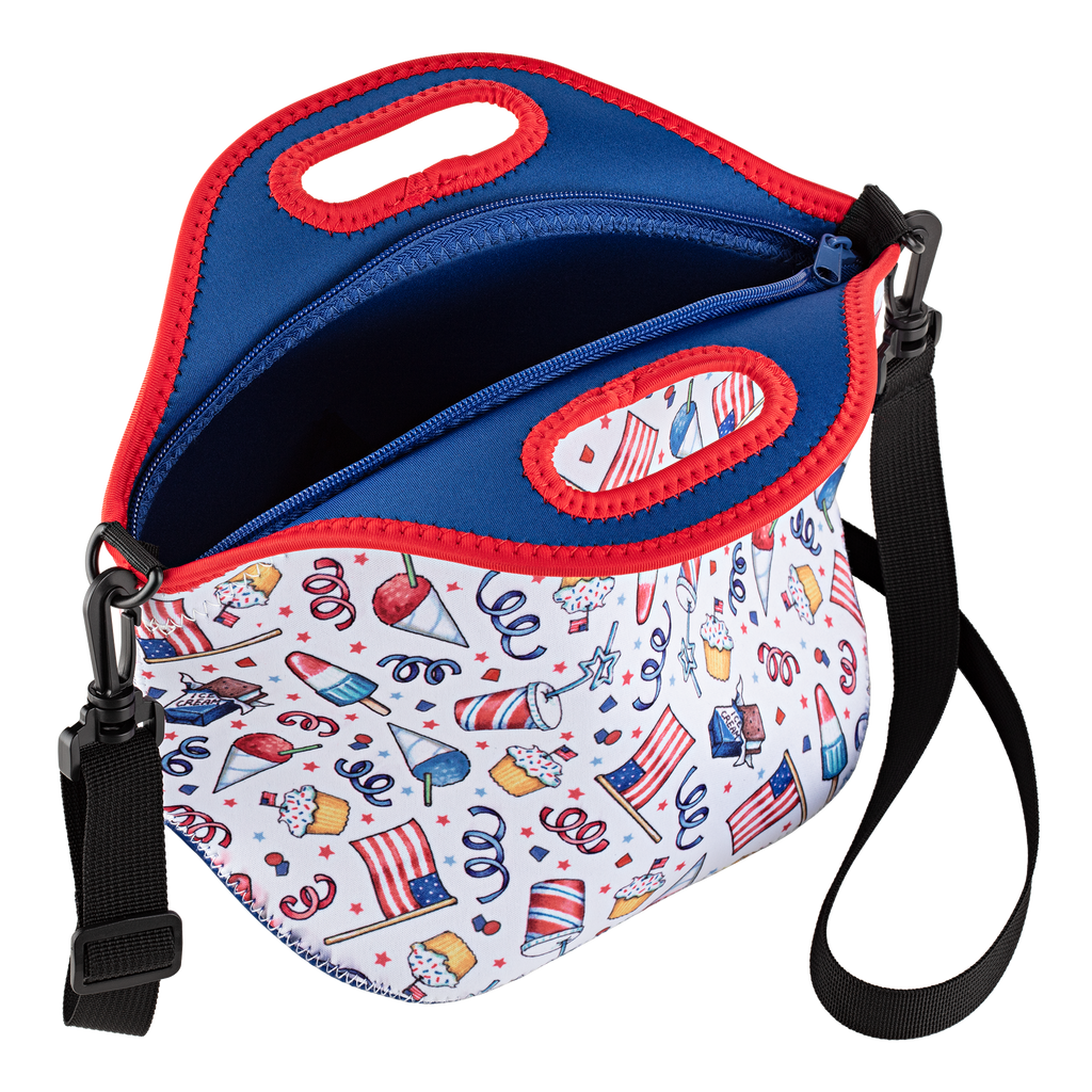 Patriotic Lunch Bag with Strap by Mary Engelbreit open