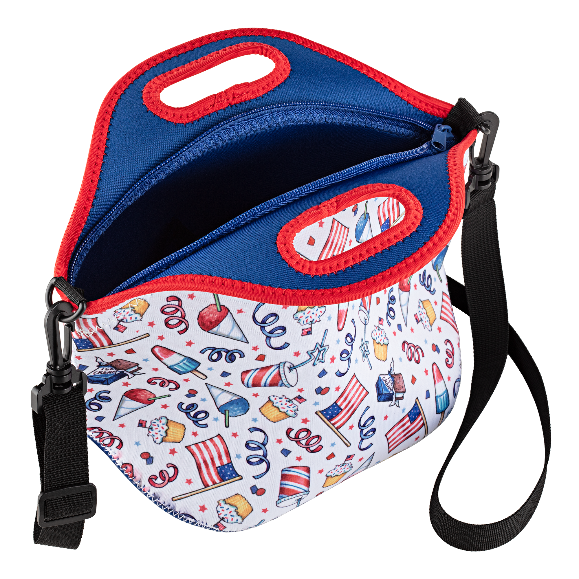 Patriotic Lunch Bag with Strap by Mary Engelbreit open