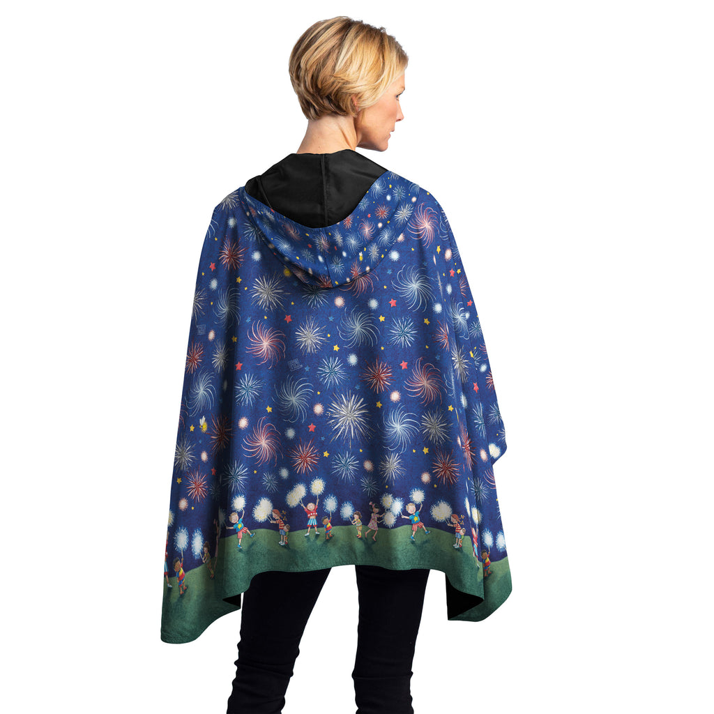 Fireworks Print Rain Caper by Mary Engelbreit back on model