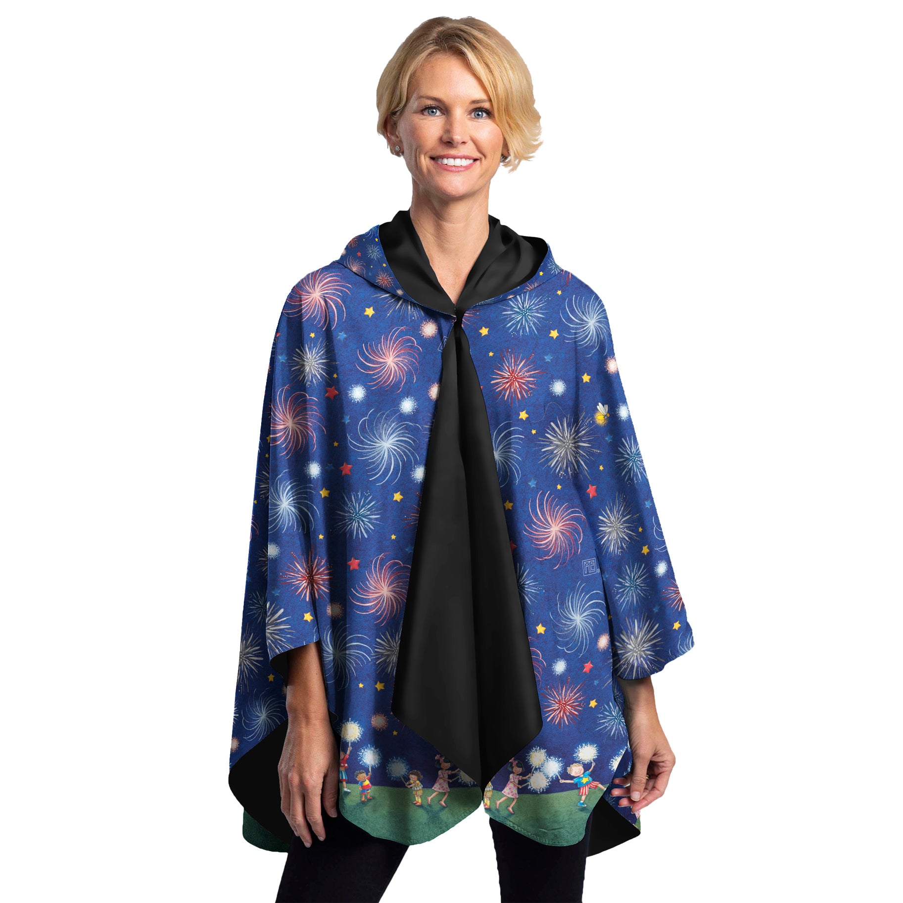 Fireworks Print Rain Caper by Mary Engelbreit front on model