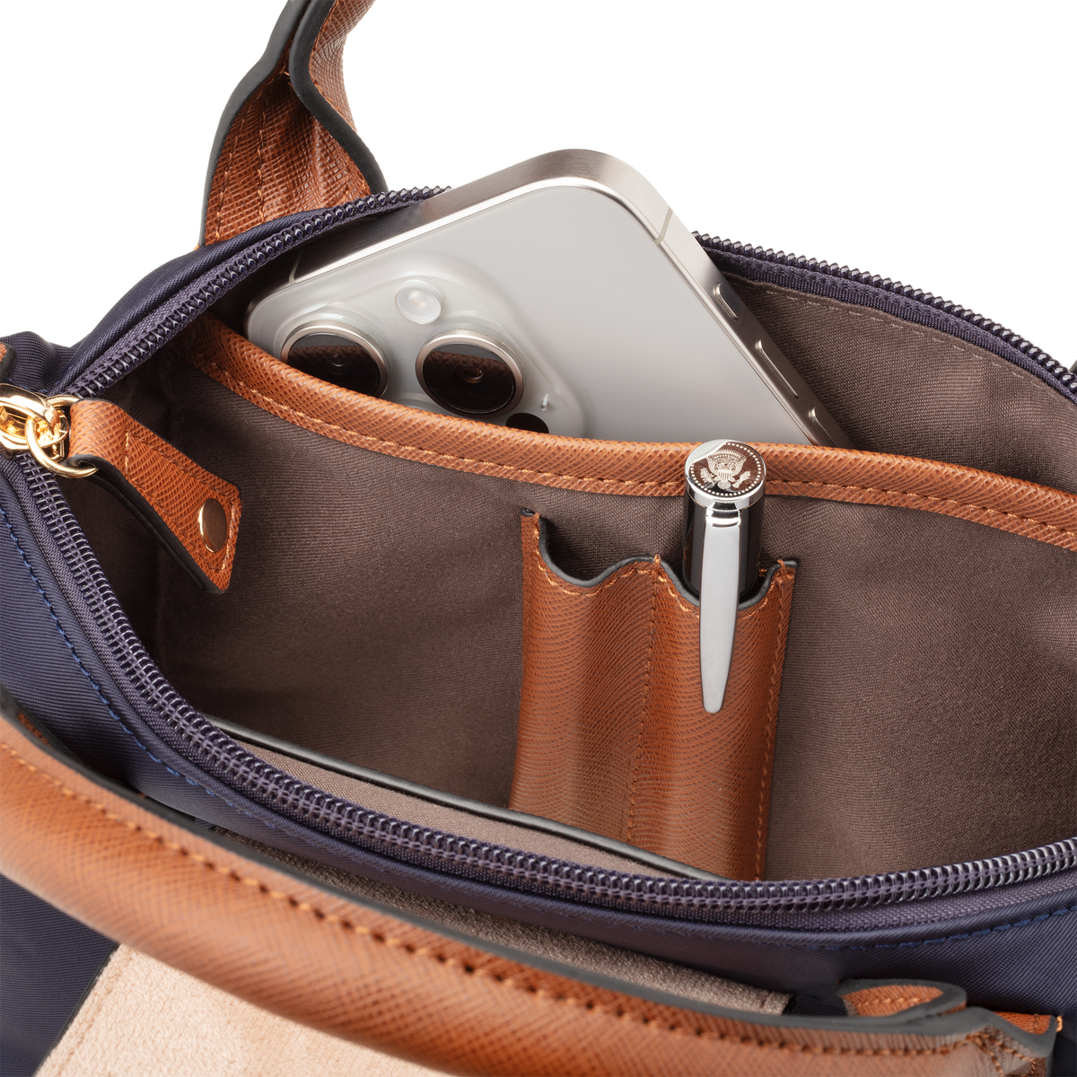 Nylon Crossbody Bag with Truman Seal Mirror Accessory - Navy inside