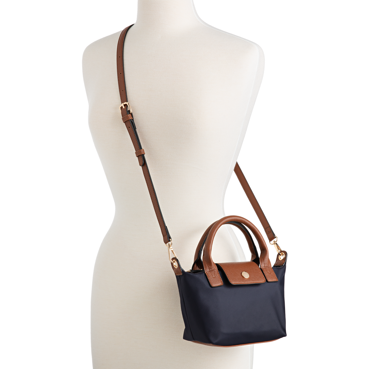 Nylon Crossbody Bag with Truman Seal Mirror Accessory - Navy with strap on form