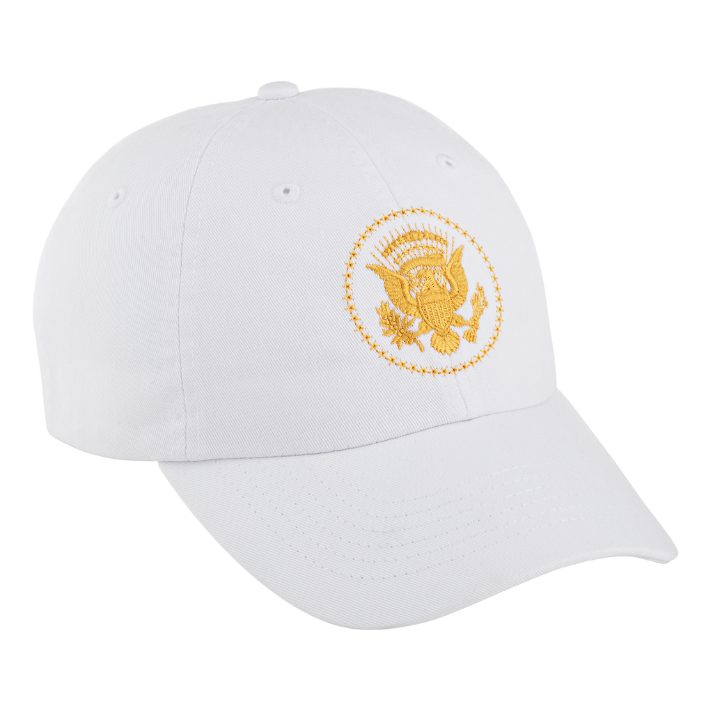 White Truman Seal Hat with Gold Embroidery right angled