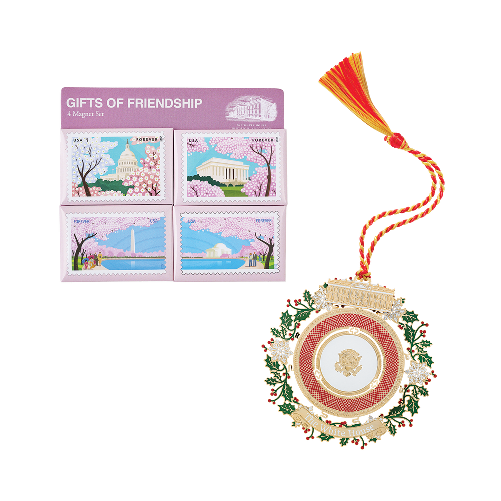 2025 Official White House Christmas Ornament with Cherry Blossom USPS Magnet Set