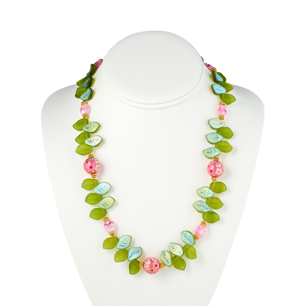 Cherry Blossom Necklace with Glass Leaves and Hand Painted Tensha Bead