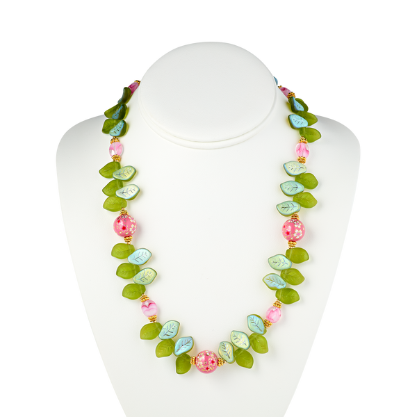 Cherry Blossom Necklace with Glass Leaves and Hand Painted Tensha Bead ...