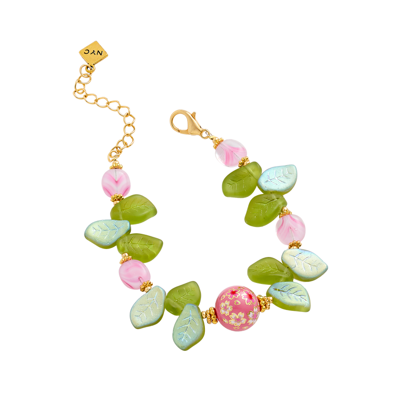 Cherry Blossom Bracelet with Glass Leaves and Hand Painted Tensha Bead